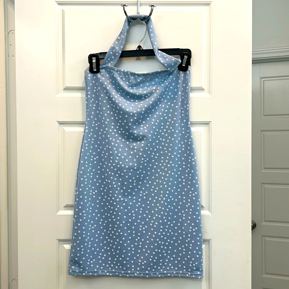 NWT Missguided blue and white polkadot mini halter dress